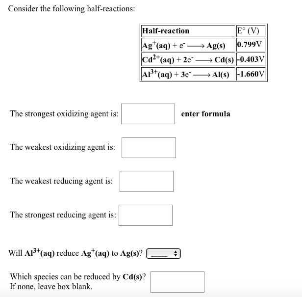 Solved Consider the following half-reactions E° (V) Ag+(aq) | Chegg.com