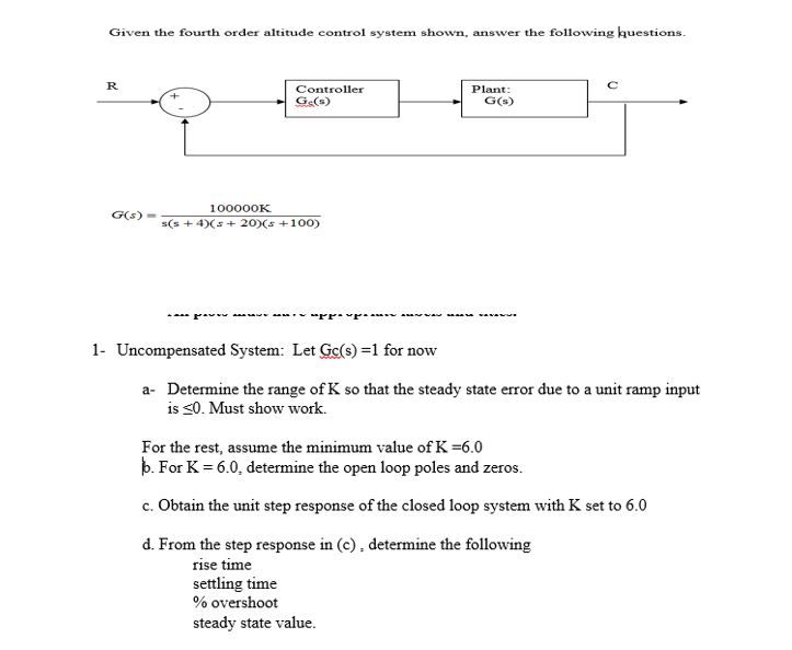 Solved Given the fourth order altitude control system shown, | Chegg.com