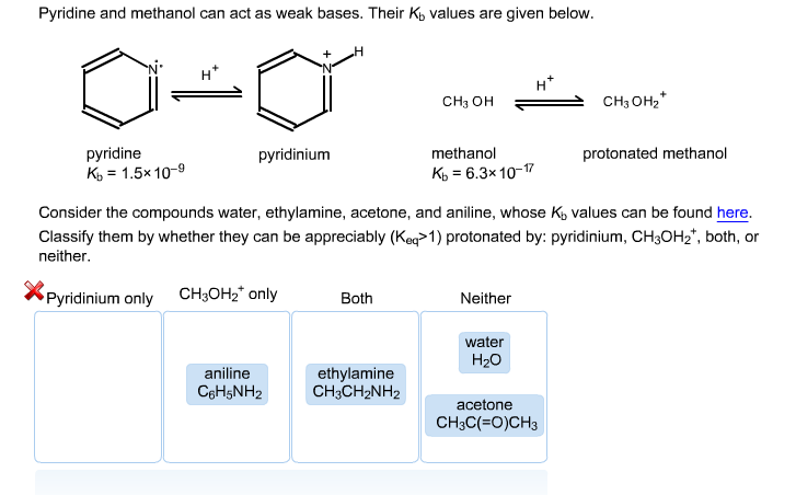 Pyridine and methanol can act as weak bases. Their