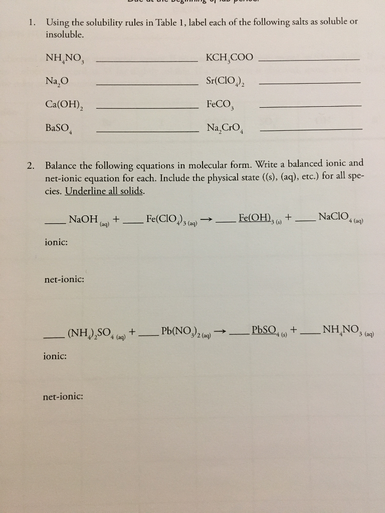 Solved Using the solubility rules in Table 1, label each of | Chegg.com