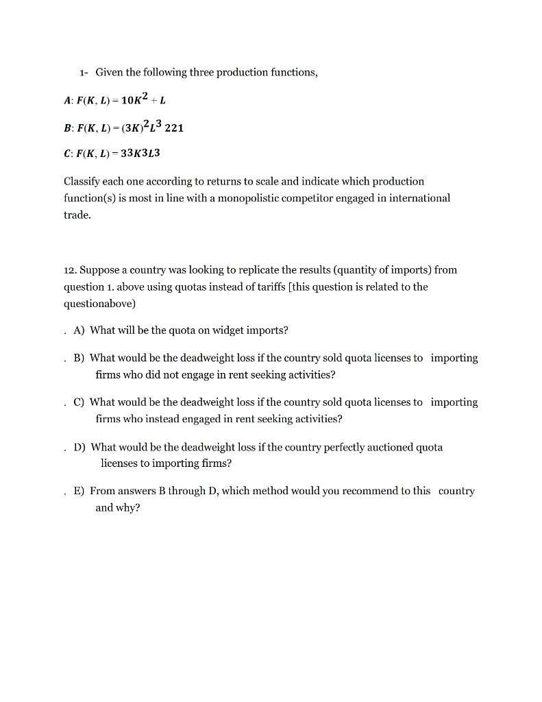 Solved 1- Given the following three production functions 2,3 | Chegg.com
