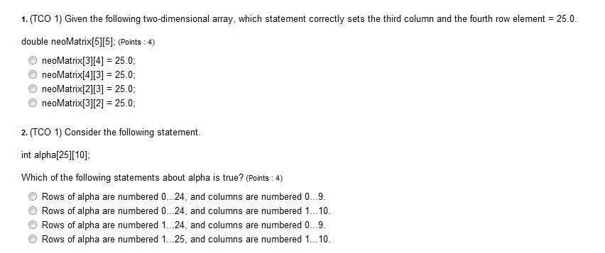Solved 1. TCO 1) Given the following two-dimensional array, | Chegg.com
