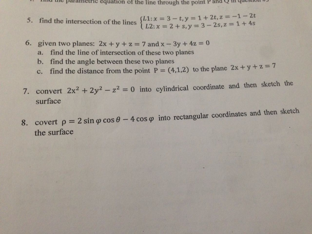 Solved Find The Intersection Of The Lines {l1 X 3 T Y