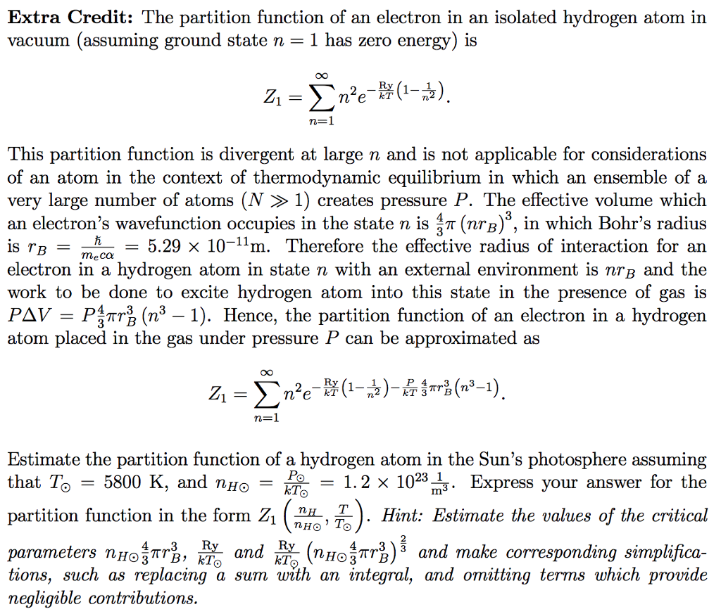 Extra Credit The partition function of an electron