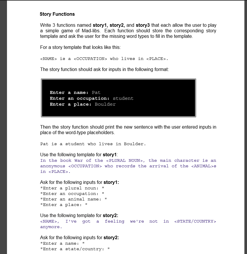Solved Problem 1: The Story Generator In the game Mad-libs, | Chegg.com