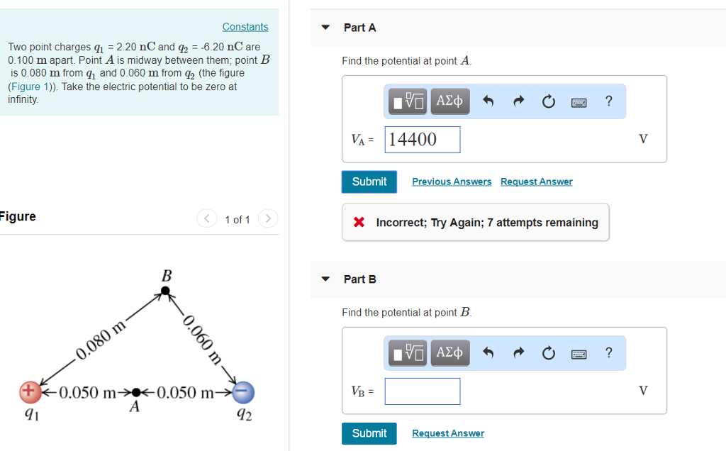 Solved Constants Part A Find the potential at point A Two Chegg com Solved Constants Part A Find the potential at point A Two Chegg com
