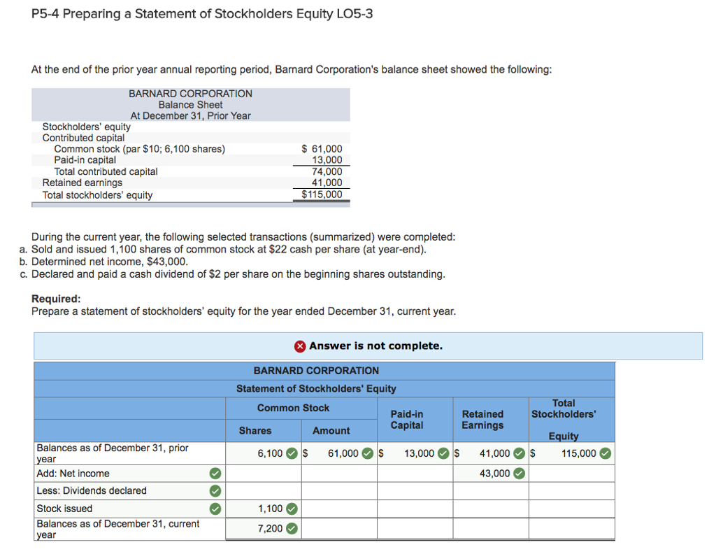 Solved P54 Preparing a Statement of Stockholders Equity