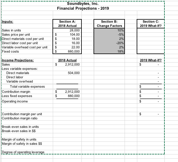 Solved Soundbytes, Inc. Financial Projections 2019 Section | Chegg.com