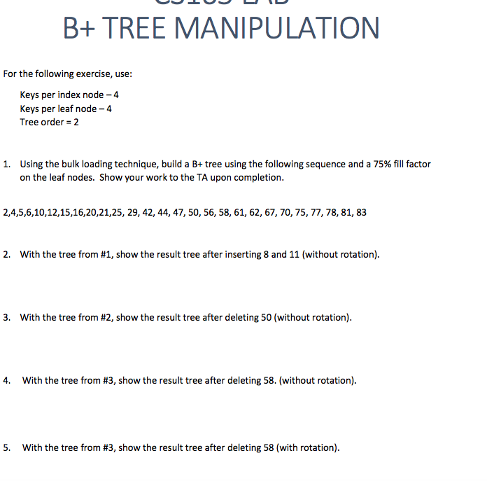 B+ TREE MANIPULATION For the following exercise, use