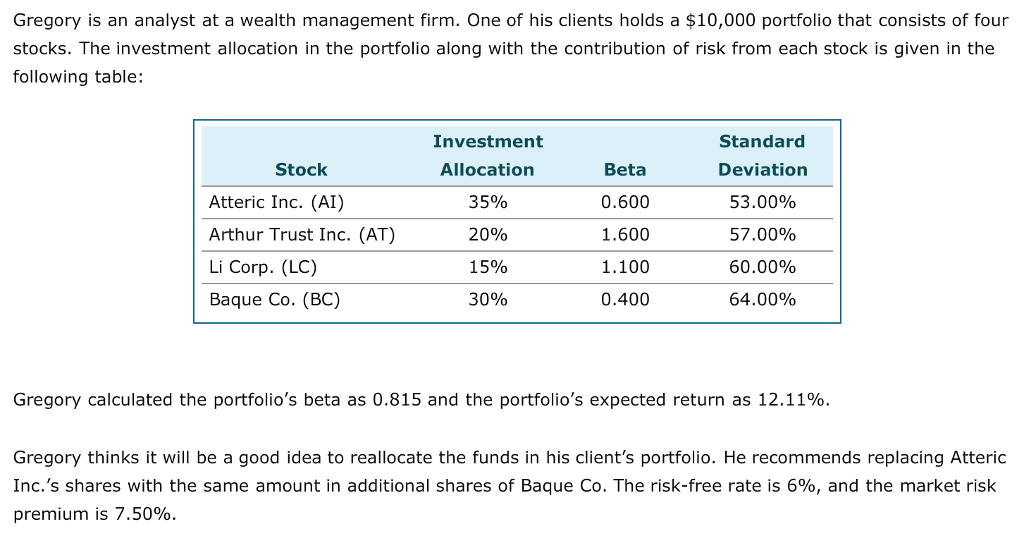 Solved Gregory is an analyst at a wealth management firm.