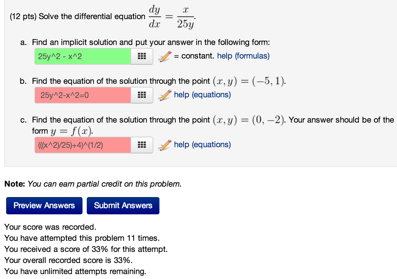 Solved solve the differential equation dy/dx=x/25y and find
