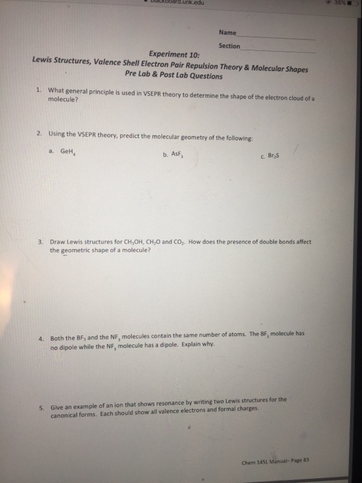 Solved blackboard unk edu Experiment 10 Lewis Structures,