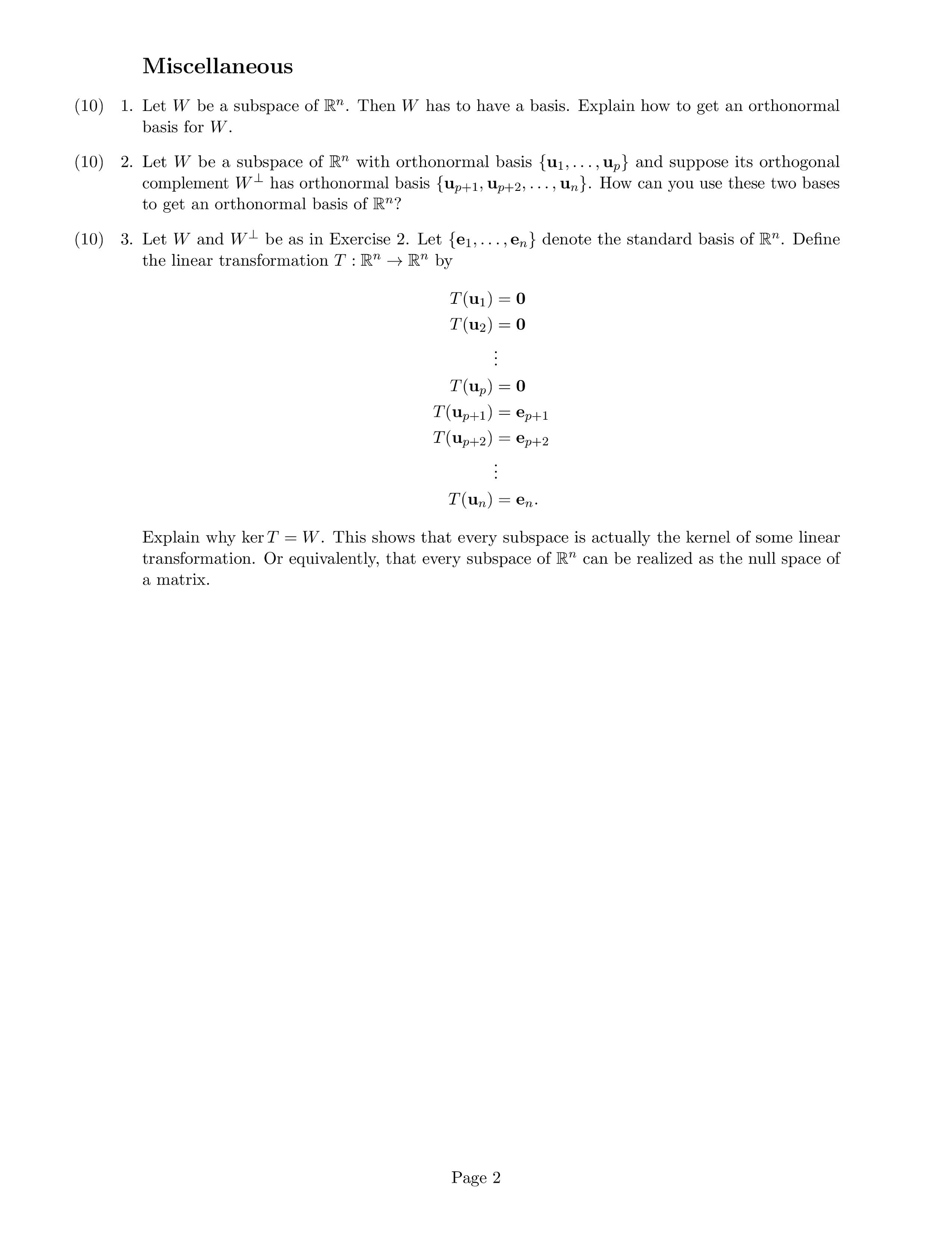 Solved Miscellaneous Let W be a subspace of Rn. Then W has | Chegg.com