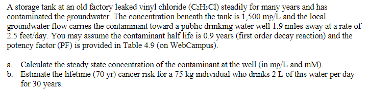 Solved A storage tank at an old factory leaked vinyl | Chegg.com