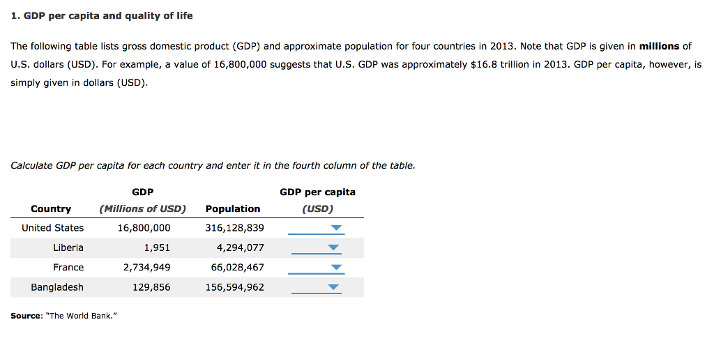 Solved 1. GDP per capita and quality of life The | Chegg.com