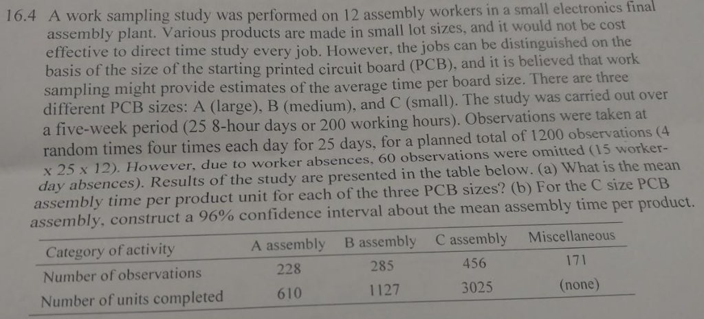 Solved A work sampling study was performed on 12 assembly | Chegg.com