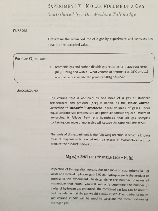 molar volume of a gas experiment