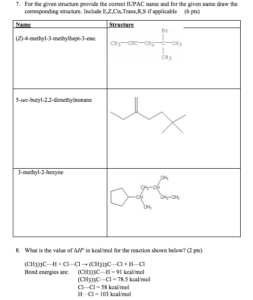 Solved 7. For the given structure provide the correct IUPAC | Chegg.com