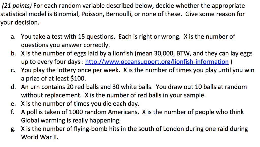 Solved (21 points) For each random variable described below, | Chegg.com