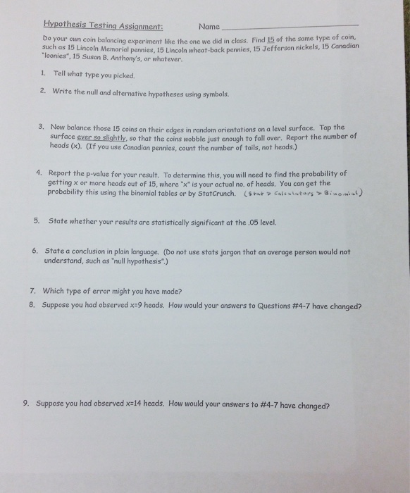 Solved Hypothesis Testing Assignment Do your own coin