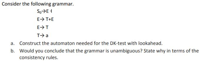 Solved Consider the following grammar. E-T+E E-> T T→ a | Chegg.com