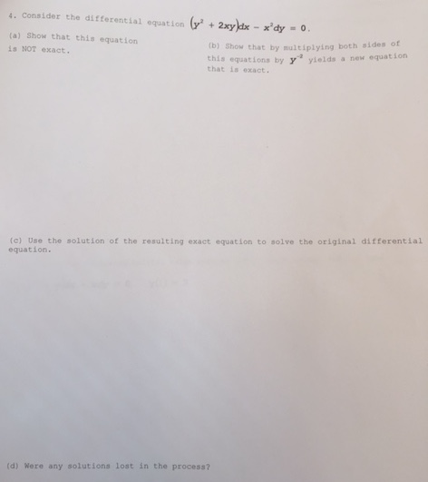 Solved 4. Consider the differential equation y dx x dy o 2xy | Chegg.com