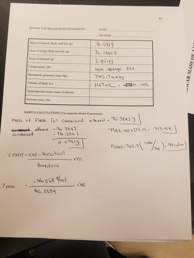 experiment 1 calculating the molar mass of ethanol