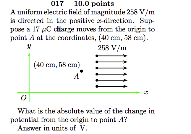 Solved 017 10.0 points A uniform electric field of magnitude | Chegg.com