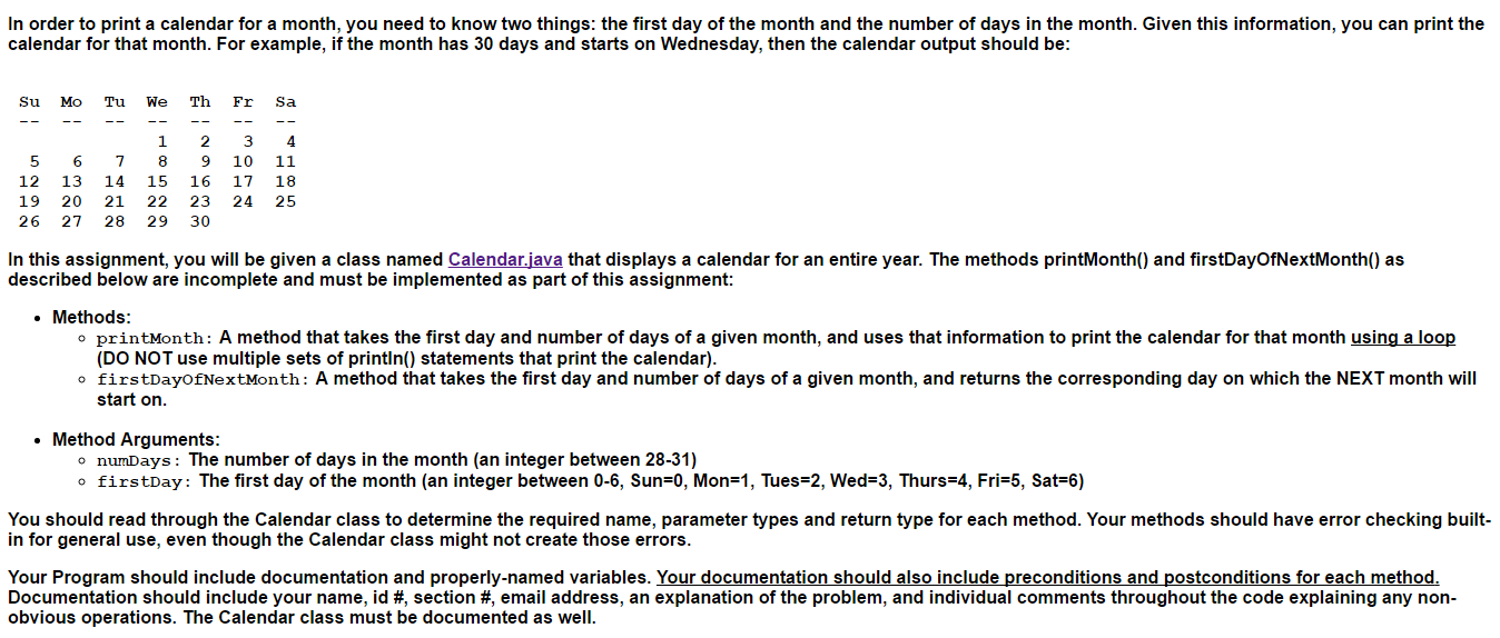 Solved Calendar.java code Complete the printMonth()