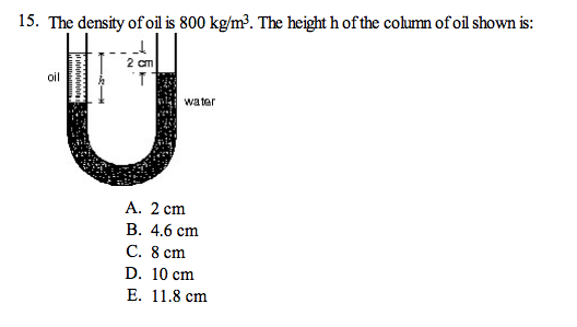 Solved The density of oil is 800 kg/m^3. The height h of the | Chegg.com