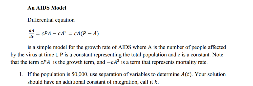 Solved An AIDS Model Differential equation dA dt cPA Chegg