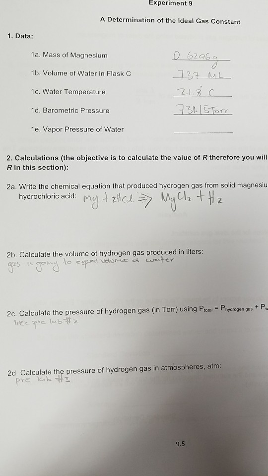 Solved Experiment 9 A Determination of the Ideal Gas