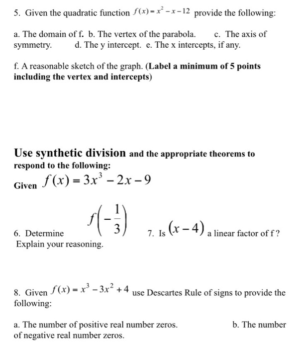 Solved Given The Quadratic Function Fx X2 X 12 4554