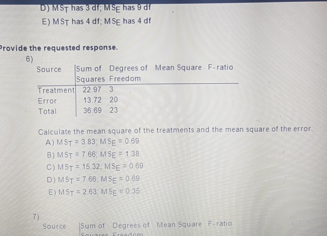 Solved E) MST has 4 df; MSE has 4 df rovide the requested | Chegg.com