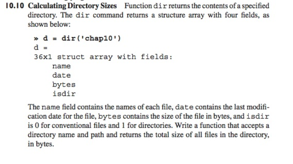Dir Function Matlab 10.10 Calculating Directory Sizes Function dir | Chegg.com