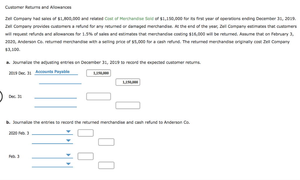 Solved Customer Returns and Allowances Zell Company had