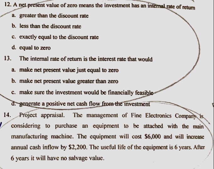 Solved 12. A net present value of zero means the investment | Chegg.com