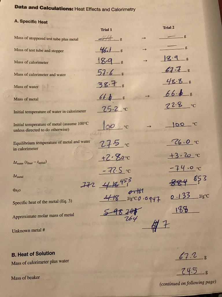 Solved 104 Experiment 14 Heat Effects and Calorimetry Mass
