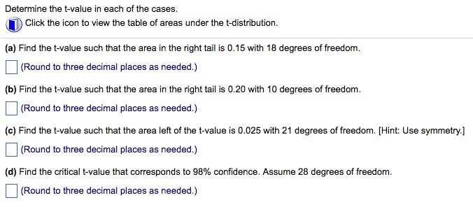 Solved Find the t-value such that the area in the right tail | Chegg.com