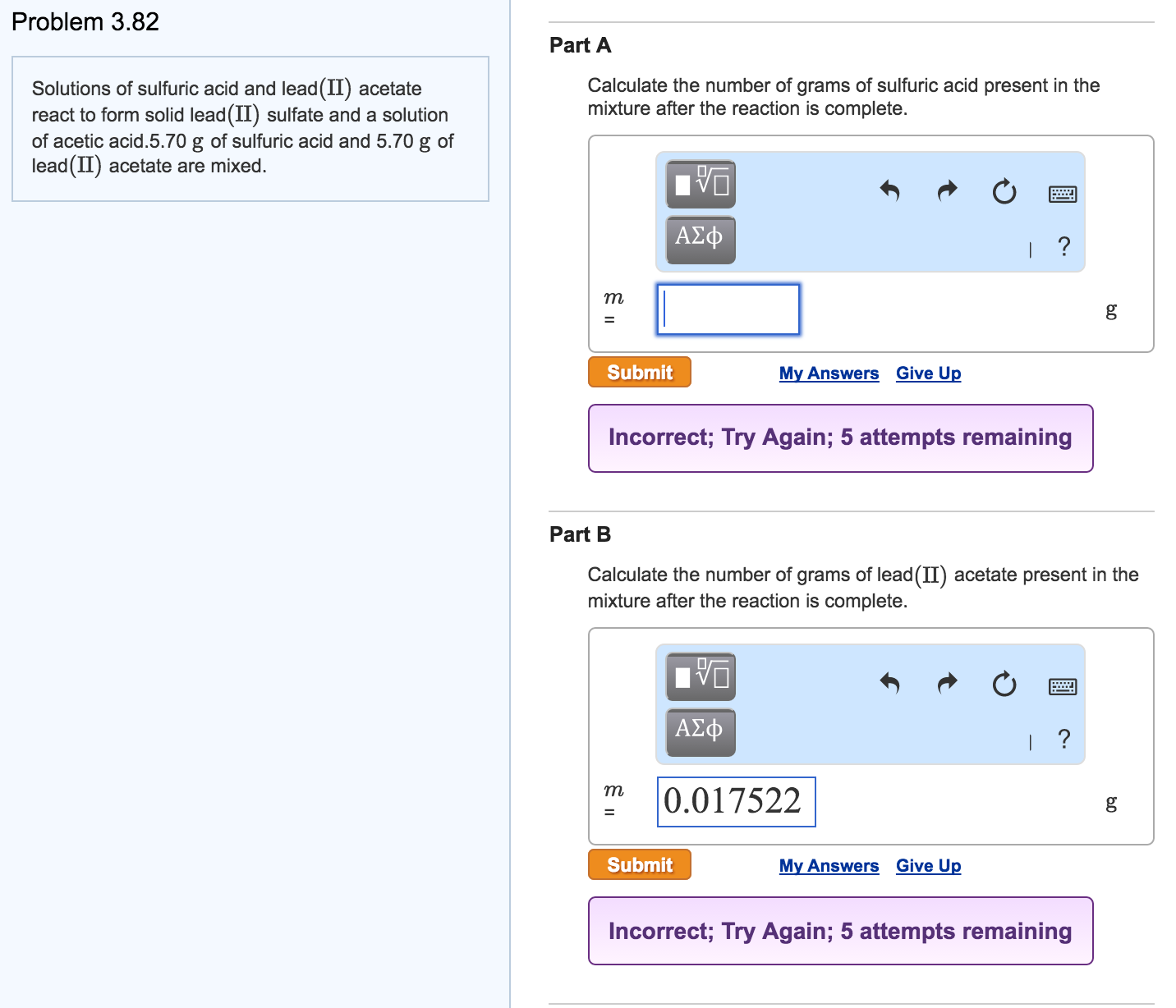 Solved Solutions of sulfuric acid and lead(II) acetate react