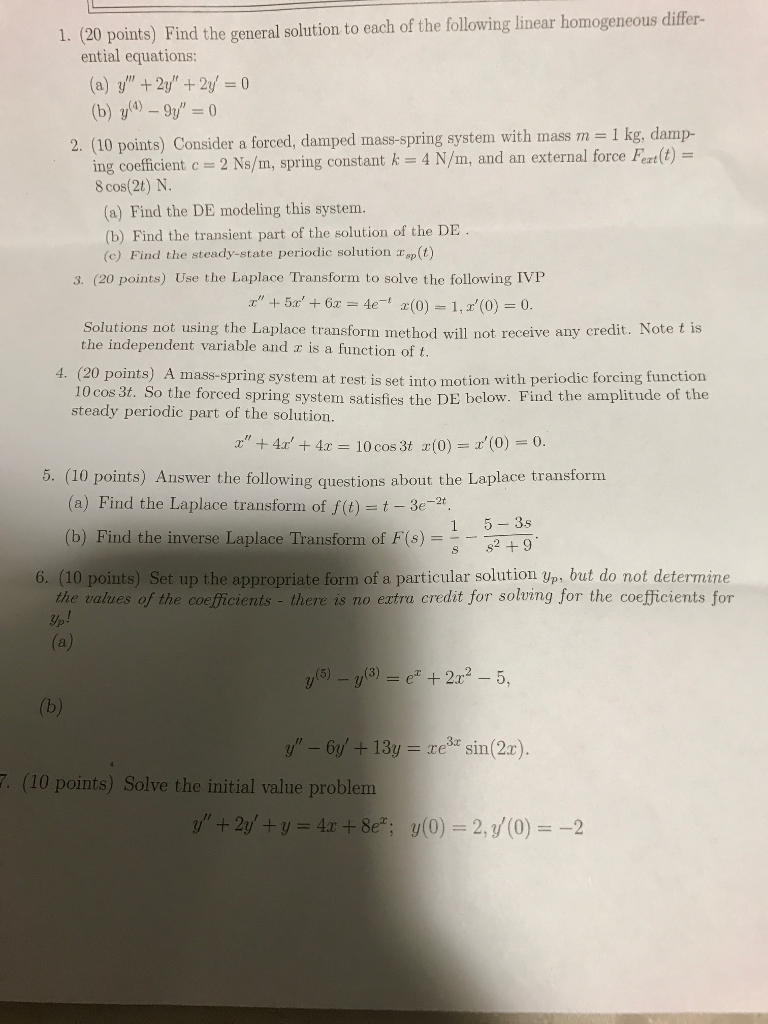 Solved 1. (20 points) Find the general solution to each of | Chegg.com