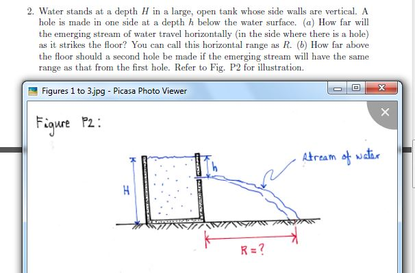 Solved 2. Water stands at a depth H in a large, open tank | Chegg.com