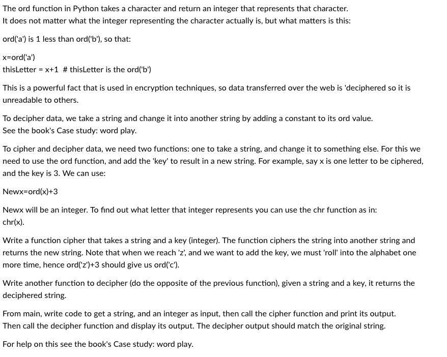 Solved The ord function in Python takes a character and | Chegg.com