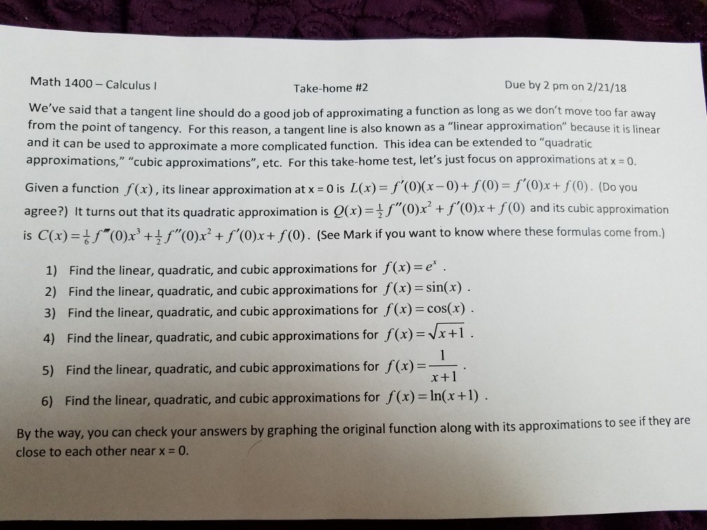 Solved Math 1400-Calculus I Due by 2 pm on 2/21/18 Take-home | Chegg.com