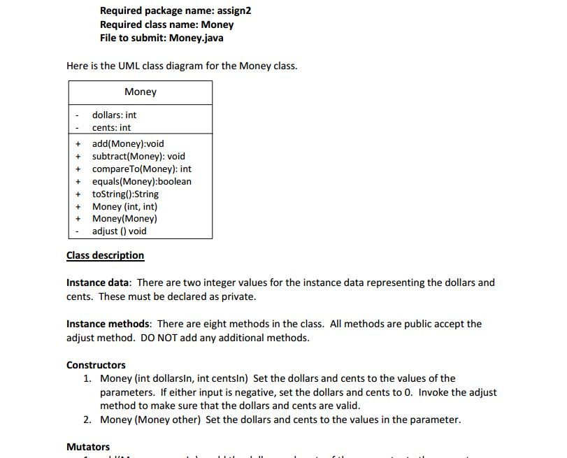 Solved Money class Java assignment.Please include lots of | Chegg.com