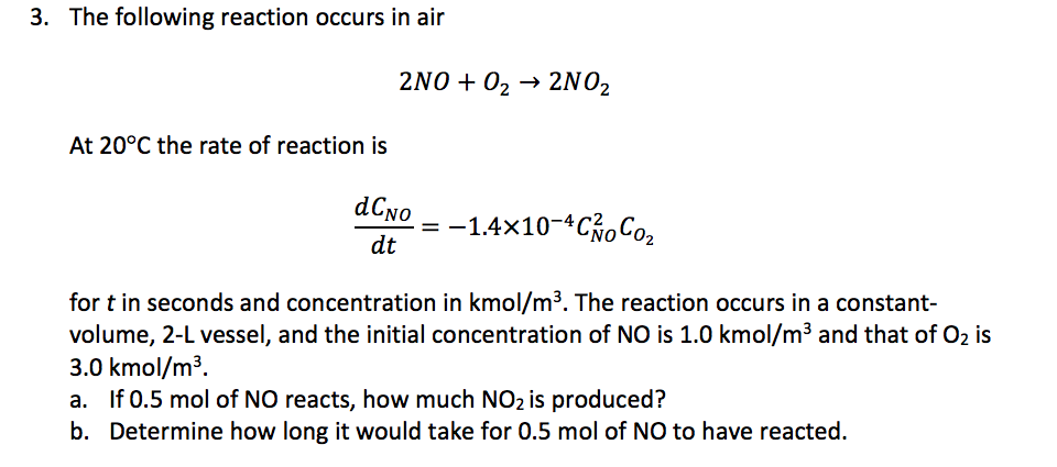 Solved The following reaction occurs in air 2NO + O_2 | Chegg.com