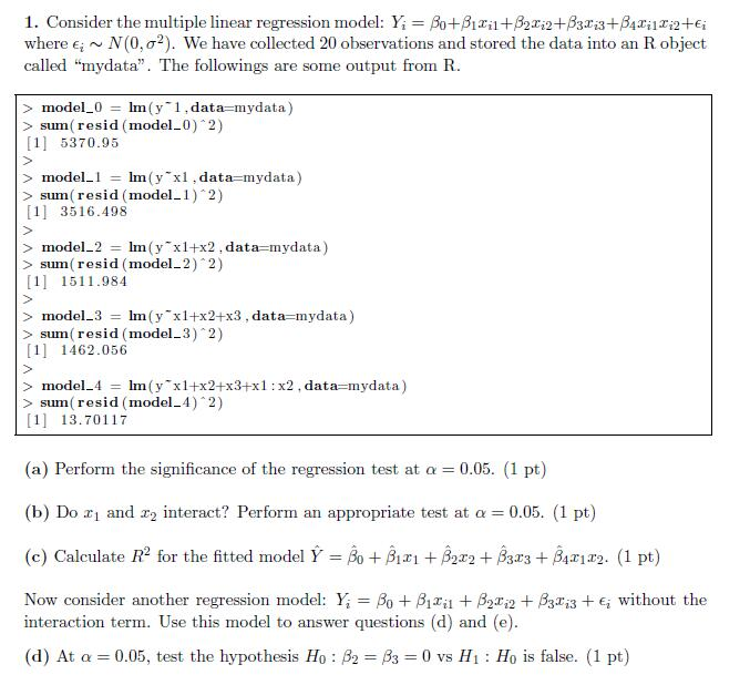 1. Consider The Multiple Linear Regression Model: | Chegg.com