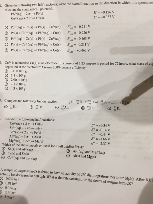 Solved: Given The Following Two Half-reactions. Write The | Chegg.com