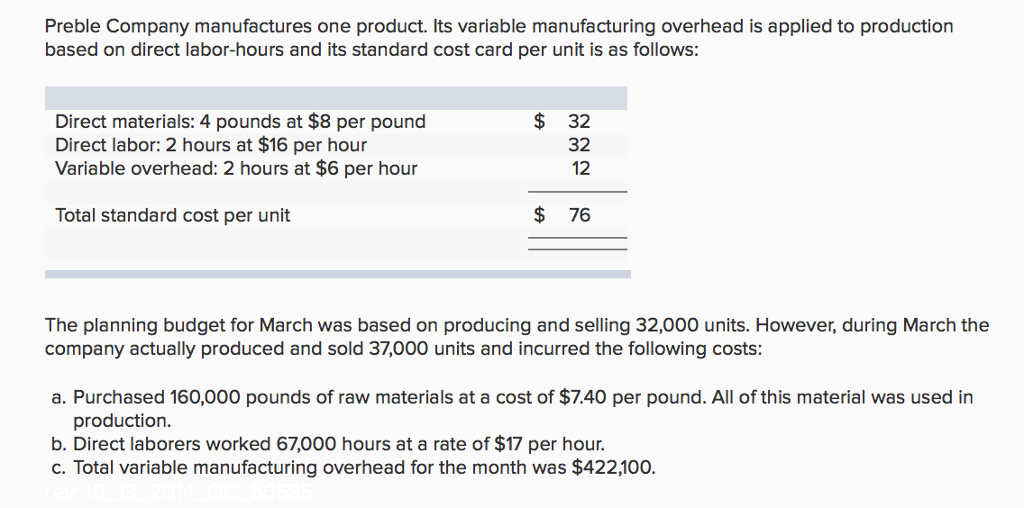 Solved Preble Company manufactures one product. Its variable