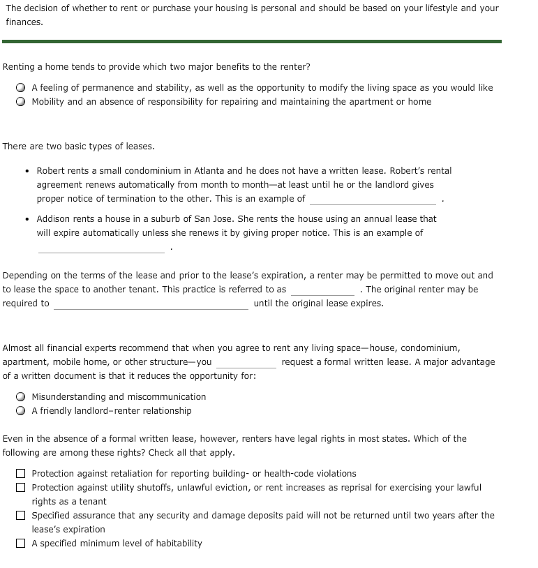 Solved Match the terms associated with housing decisions on